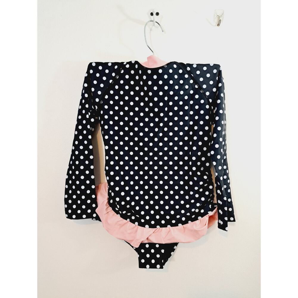 Shekini New! Girls Black White Ruffle Dot Long Sleeve 2 Pc Swimsuit Size 6/8